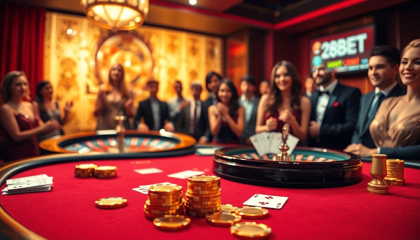 Experience the thrill of betting at the luxurious 28BET casino with a vibrant blackjack table and roulette wheel.