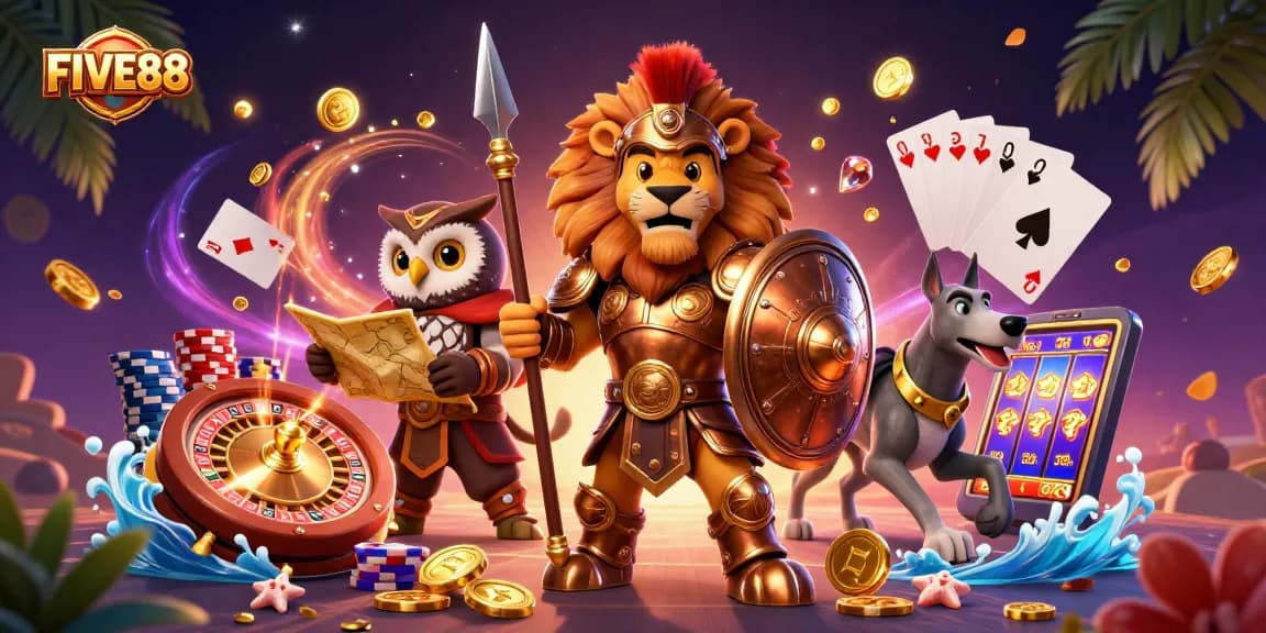 Spin and win at FIVE88 with a vibrant 3D casino scene featuring a Spartan lion, wise owl, and quick greyhound.