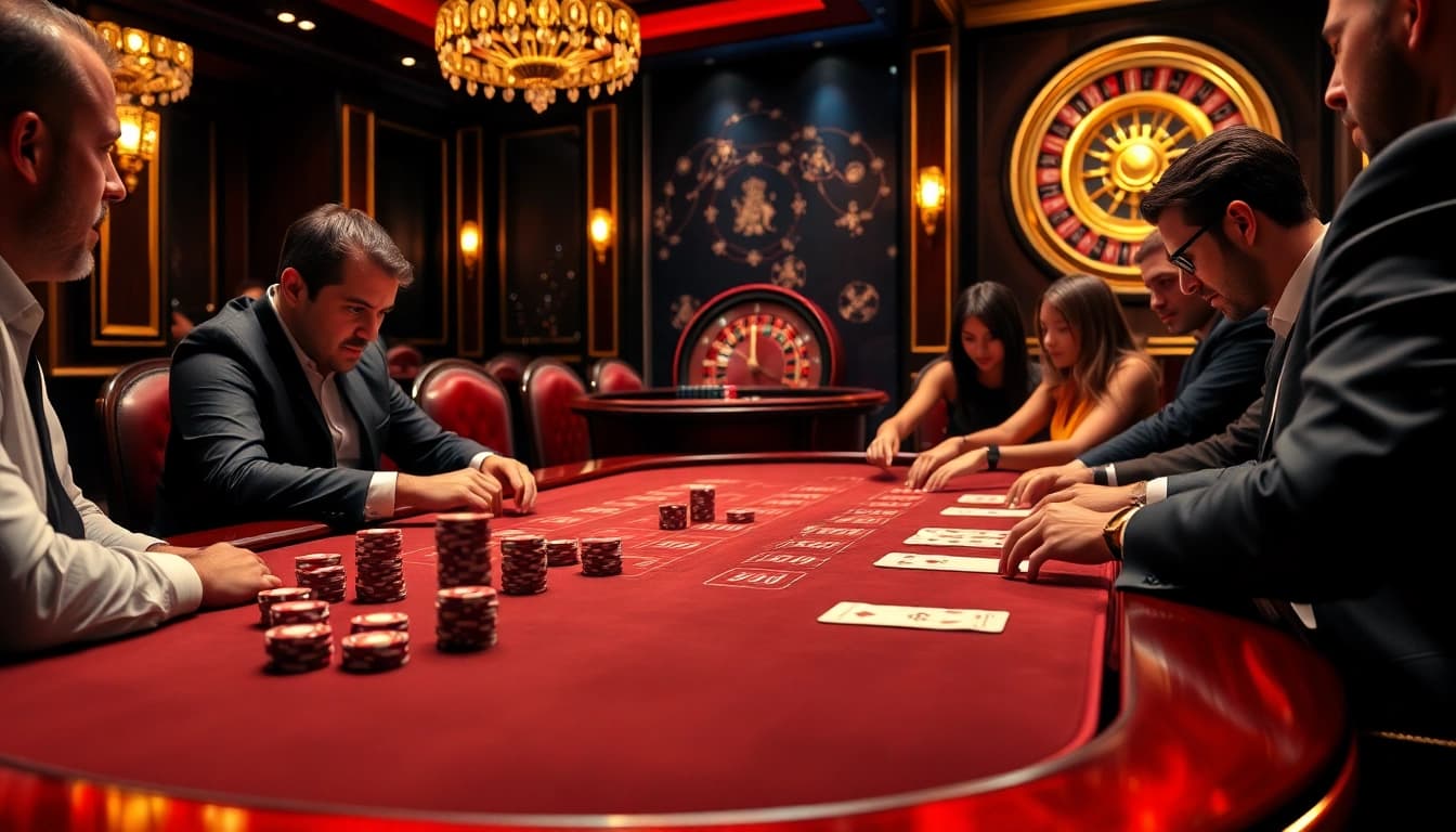 Experience the excitement of a high-stakes poker game at 79king casino, with vibrant chips and an elegant roulette wheel.