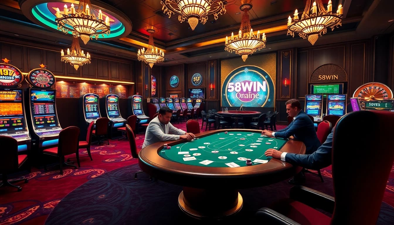 Experience the thrill of winning with 58WIN at an upscale poker table in a vibrant casino.
