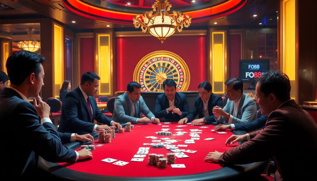 Players enjoying an exciting poker game at FO88, showcasing vibrant casino elements and high-stakes atmosphere.