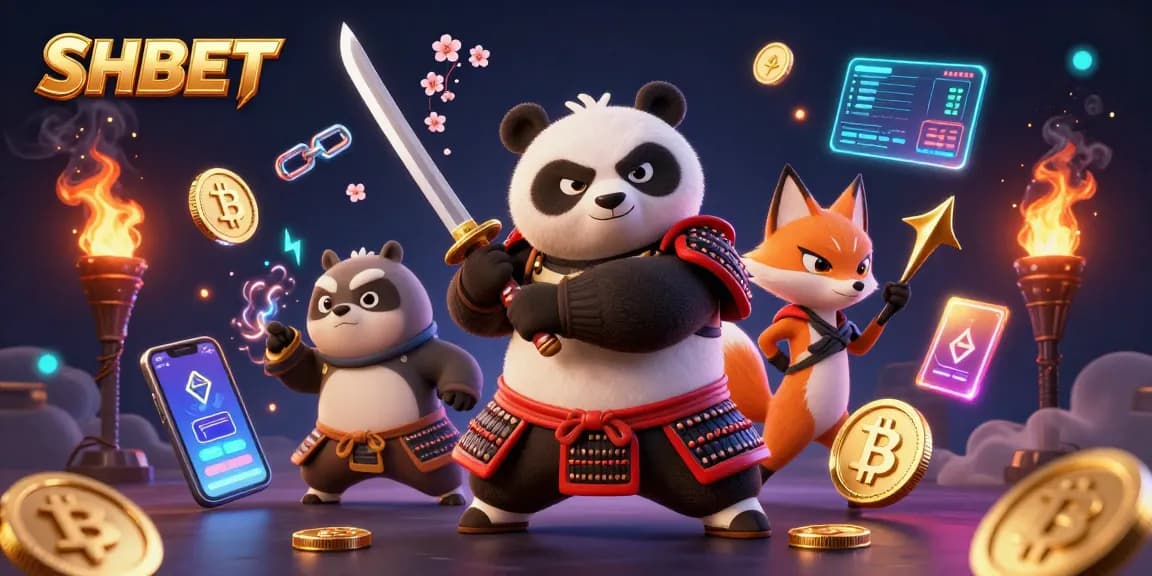 Experience the thrill at SHBET with a dynamic 3D casino scene showcasing samurai panda and ninja fox.