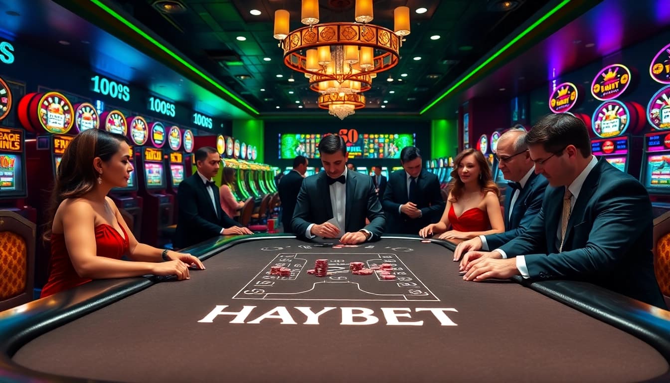 Players enjoy a thrilling game at the HAYBET casino table surrounded by luxury slot machines.