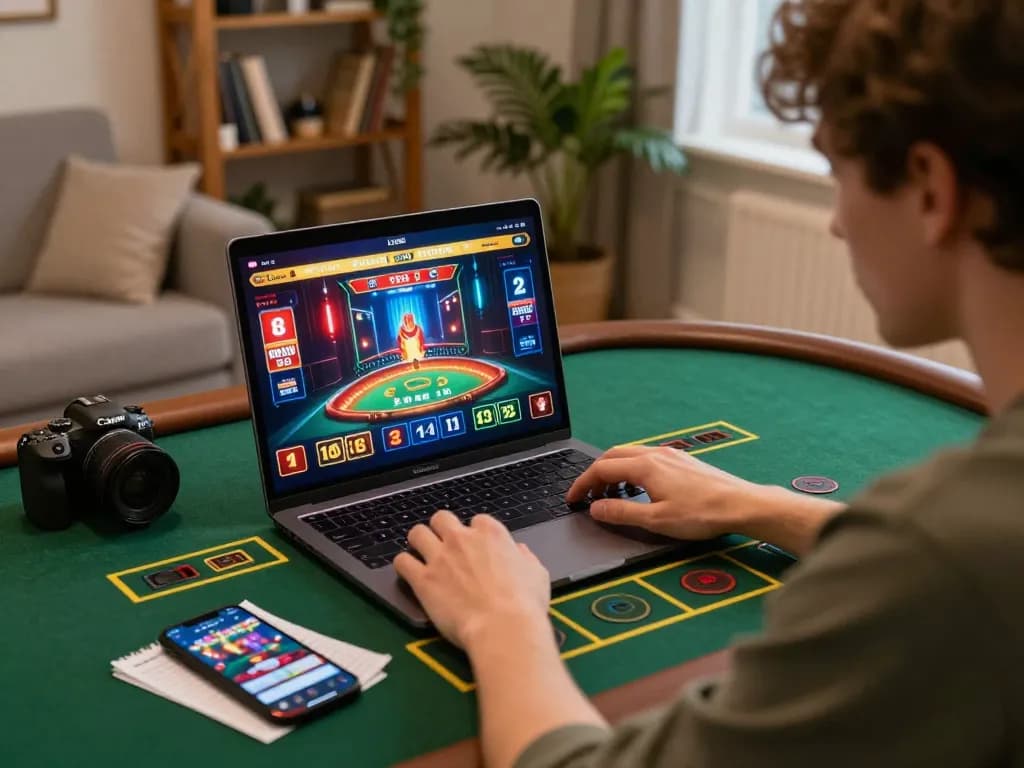 Player strategizing in online mb66 gambling on a laptop with casino graphics visible.
