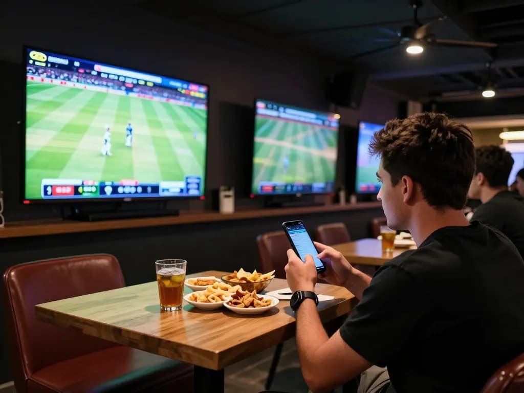Crickex user placing live bets on smartphone while enjoying cricket match at a vibrant sports bar