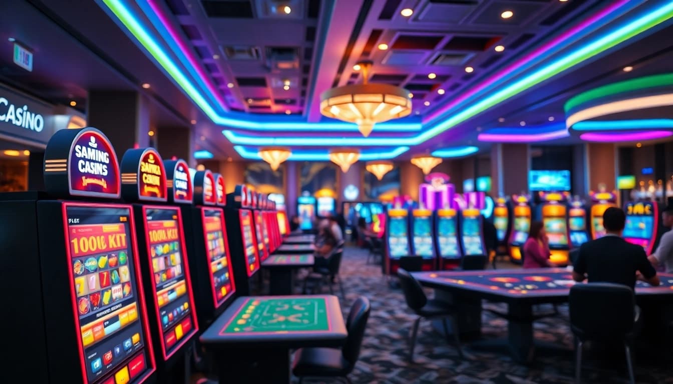 Online casino spielen in einem modernen Casino mit lebhaften Spielautomaten und Spielern.