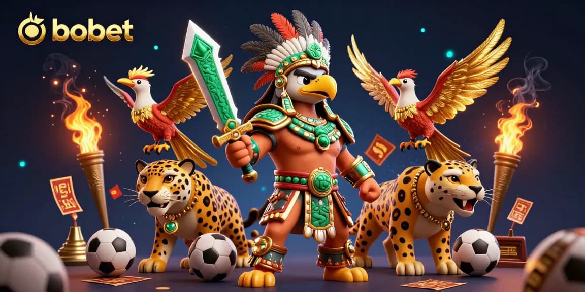 SboBet delivers thrilling sports betting action with illustrated Aztec warriors amidst vibrant gaming elements.