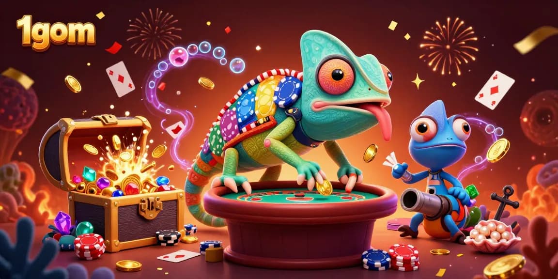 Engage with exciting action at 1gom with our animated chameleon casino owner amidst a vibrant gaming scene.