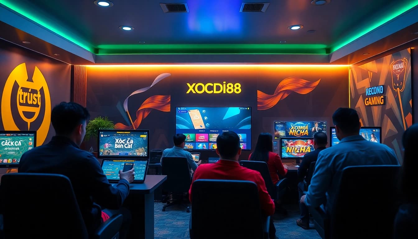 Engaging gaming scene with players enjoying XOCDIA88's online platform, showcasing vibrant game interfaces.