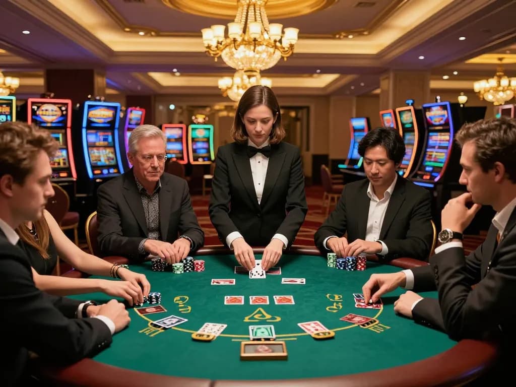 Players at soc88 engage in an intense blackjack game, chips stacked high on the elegant table.