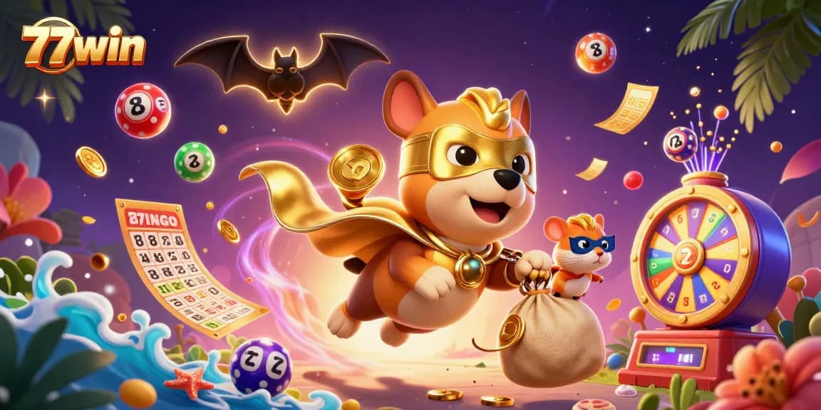 77win delivers exciting gaming experiences with a superhero dog, gold coins, and a vibrant casino theme.