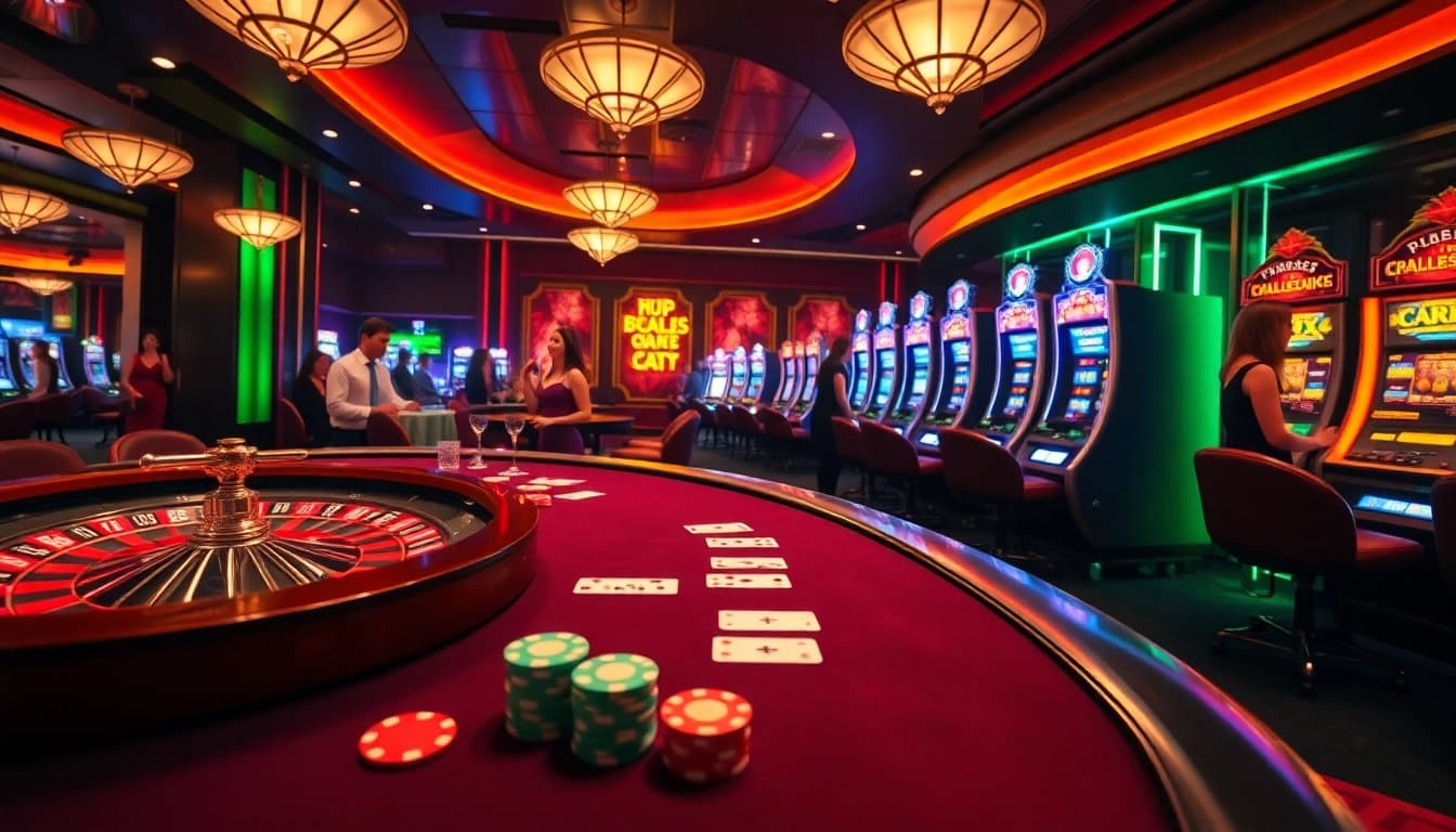 Players enjoying an engaging game at BL555's luxurious casino, featuring vibrant poker and slot machines.