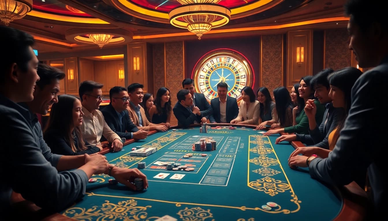 Gamblers engaging in an immersive 88vv casino experience with vibrant betting tables and roulette.