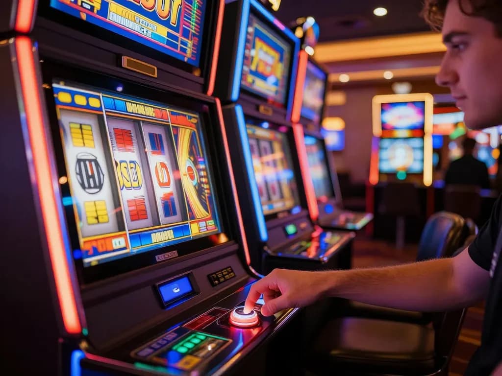 Engaging gameplay at a vibrant casino featuring slot gacor hari ini slots, player excitedly pressing the spin button.