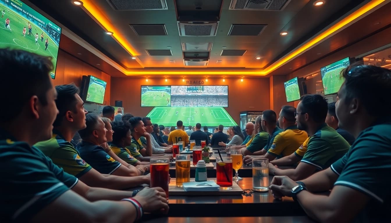 Engaged fans analyzing keonhacai betting odds in a lively sports bar atmosphere.