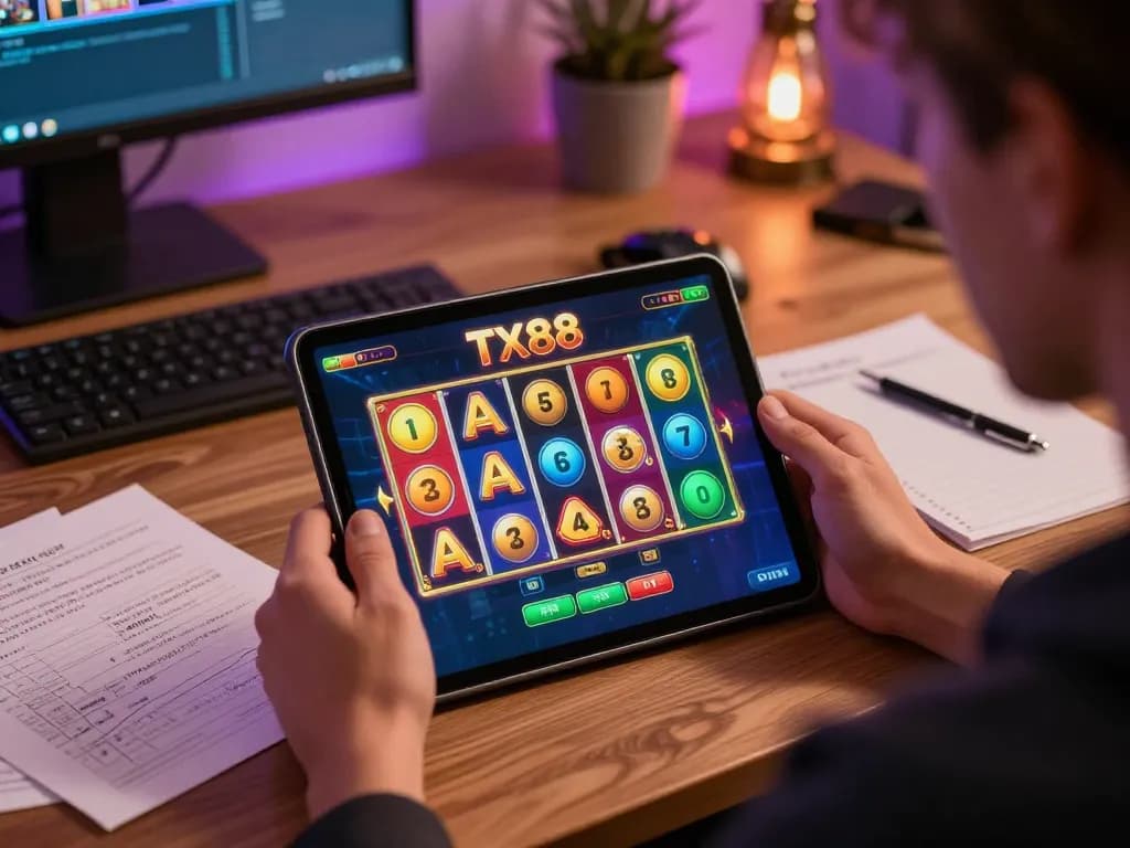 Engaging gameplay on tablet featuring tx88 slots interface with vibrant reels and strategic notes