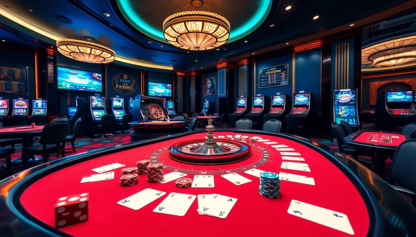 Experience the thrill of gaming at Bin88, featuring dynamic casino tables and a roulette wheel.