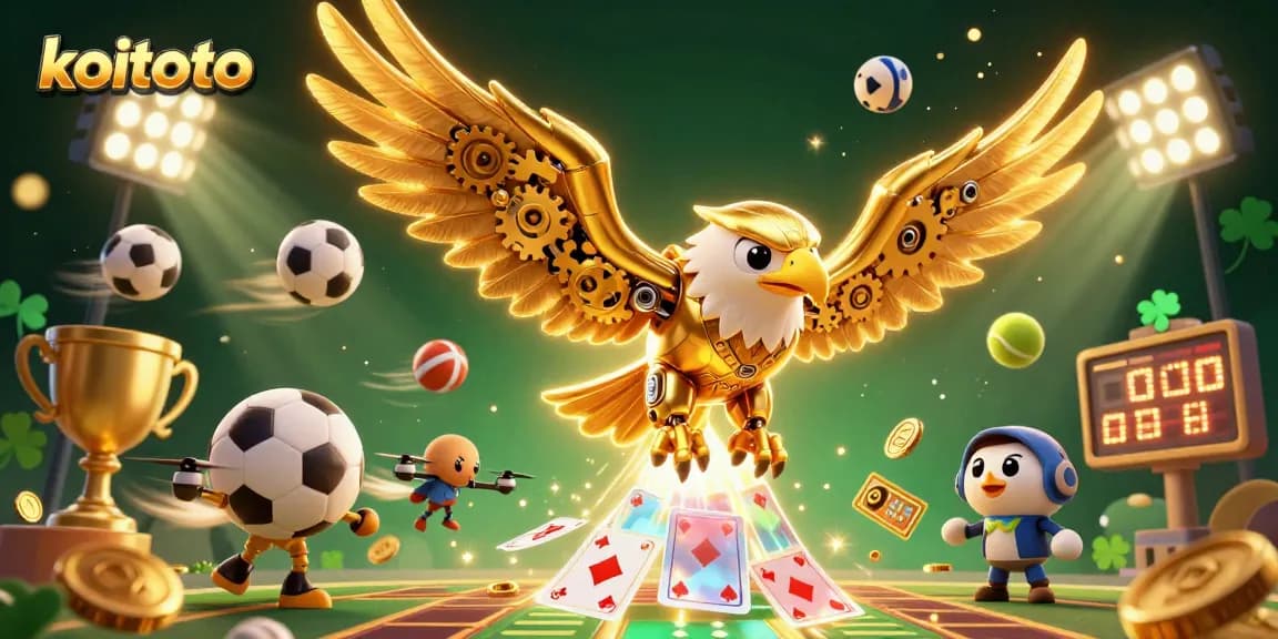 Koitoto gambling action featuring a cybernetic eagle soaring amidst dynamic sports elements and holographic cards.
