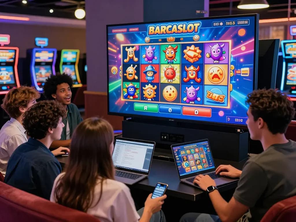 Friends enjoying Barcaslot gaming together in a lively online casino setting