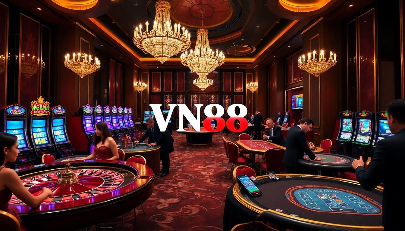 Experience the thrill of VN88 gambling with players at dynamic casino tables and luxurious lighting.