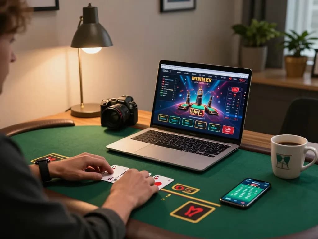 Engaging in llwin live dealer blackjack on a stylish laptop setup with warm lighting.
