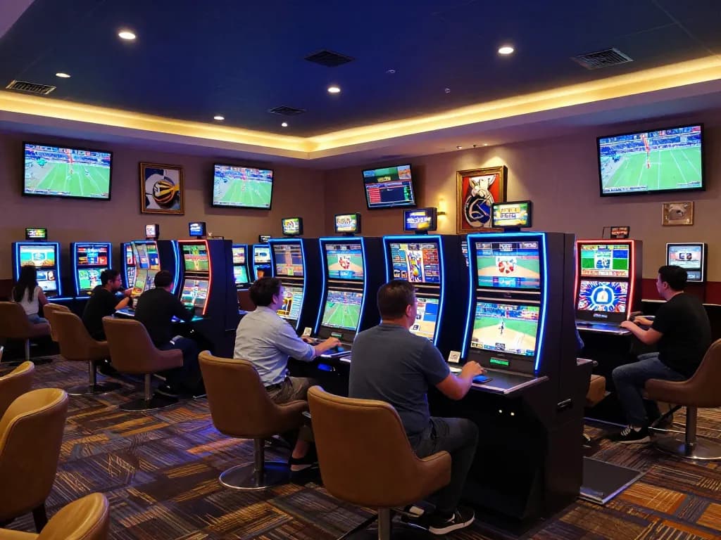 BK33 sports betting lounge with patrons placing bets on live events during exciting gameplay.
