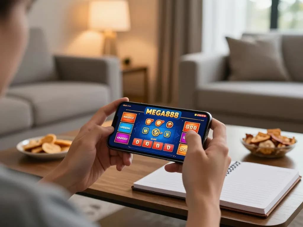 Engaging gameplay on mega888 app showcasing mobile casino action in a cozy setting