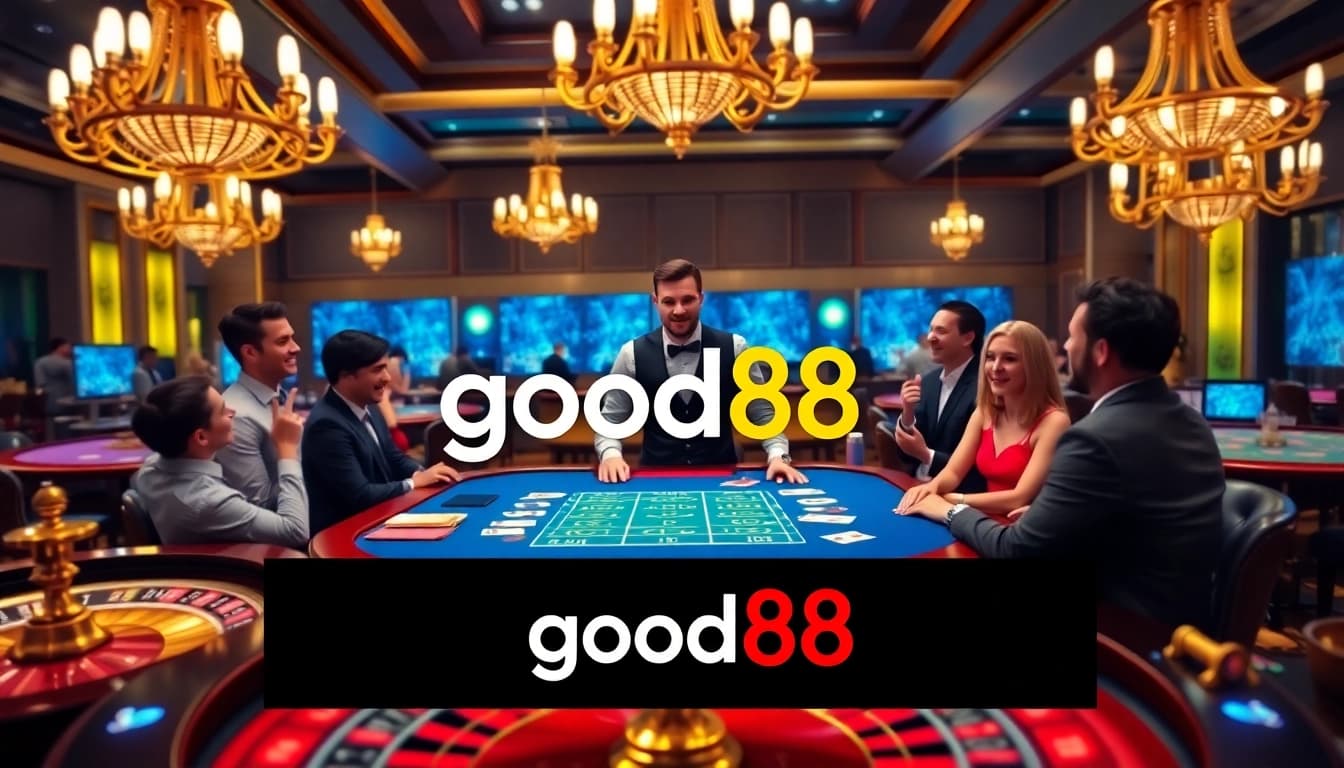 Betting excitement with good88 at a lively blackjack table in a luxury casino.