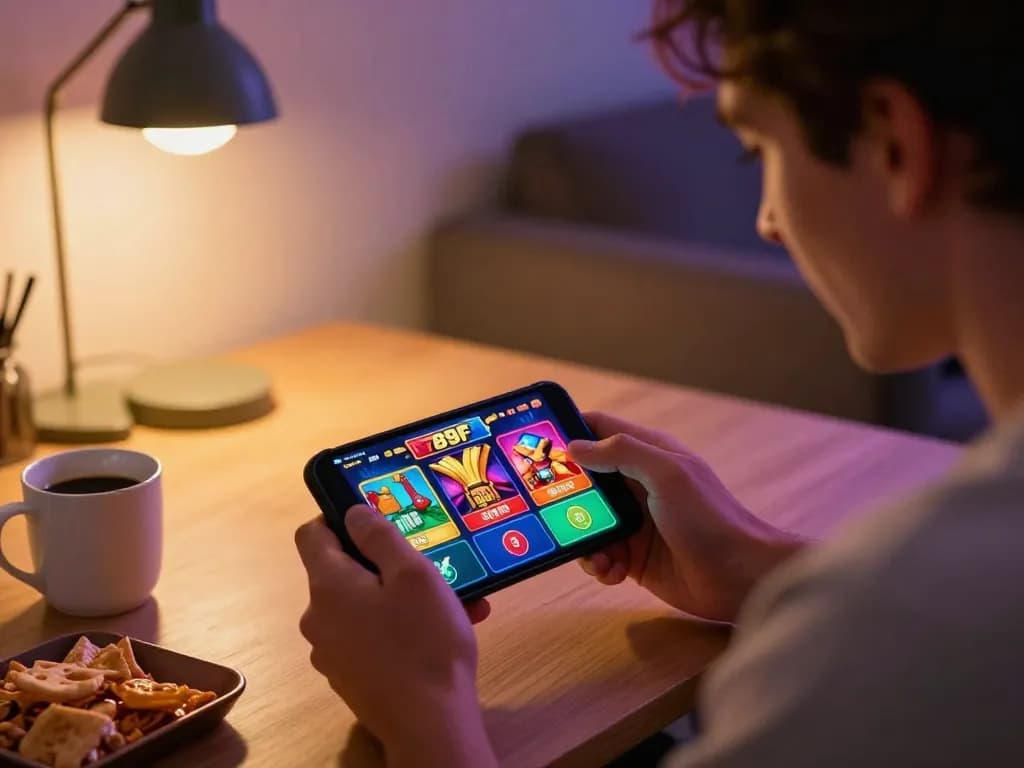 Engaged player enjoying the 789F casino app on a mobile device in a cozy home environment