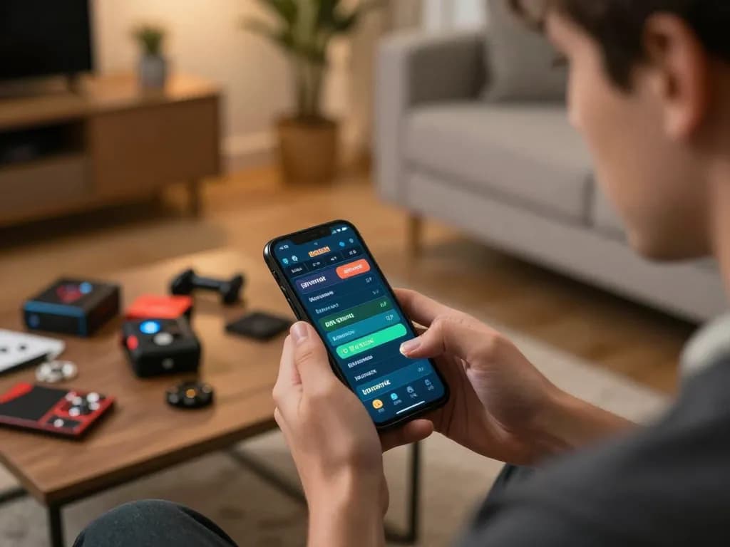 Player actively engaging with live sports betting on smartphone at home, focusing on strategies and odds with 789P.