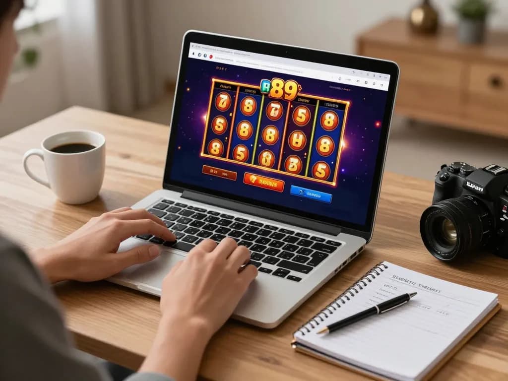 Engaging online gaming experience on slot89 with colorful reels and strategic notes at a cozy workspace.