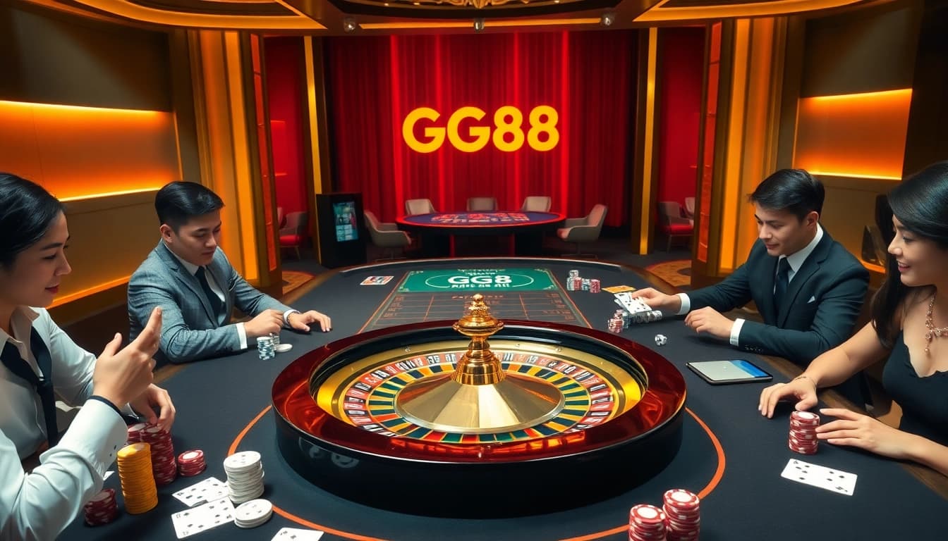 Exciting GG88 casino scene with vibrant roulette wheel and luxurious gaming table.