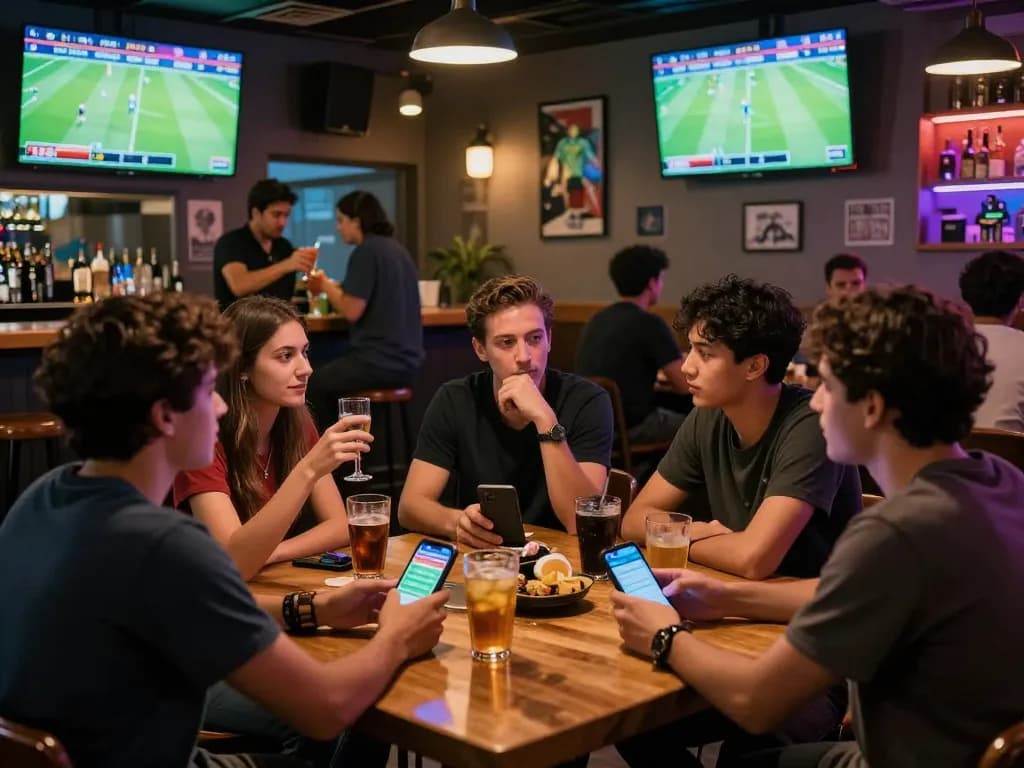 Teman-teman menikmati taruhan judi bola online di bar olahraga yang meriah dengan layar dan minuman.