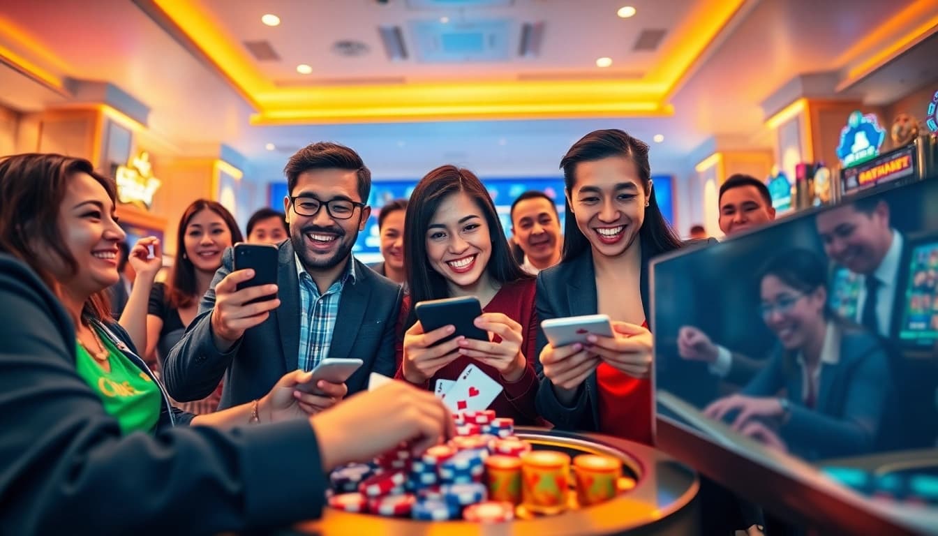 Engaging online gaming scene depicting players excitedly interacting with nhacaiuytin's platforms.