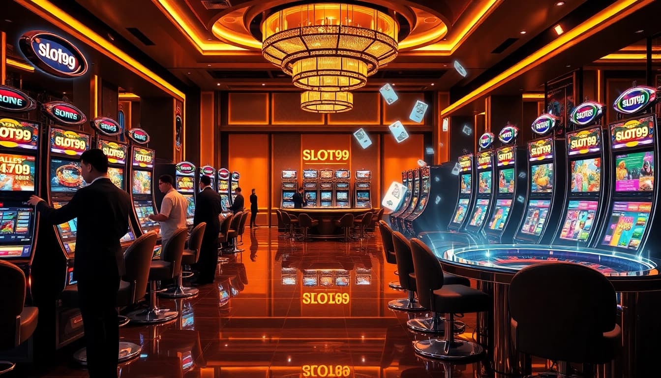 SLOT99 slot machines showcasing high payouts and fast wallet transactions in a luxury casino environment