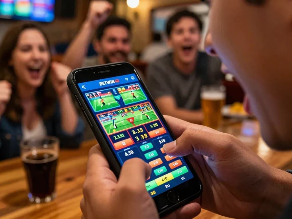 Person placing a bet on BETWIN4D mobile app, capturing the excitement of sports betting.