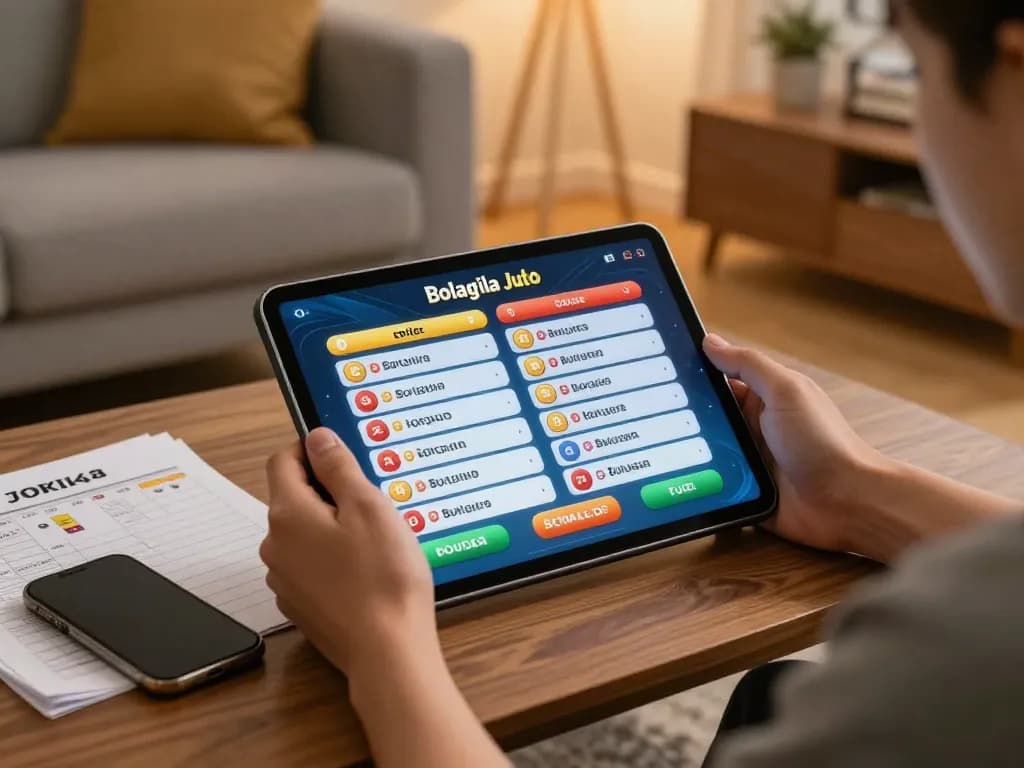 Engaging in Bolagila Judi Lotto online betting on a tablet in a cozy home environment.