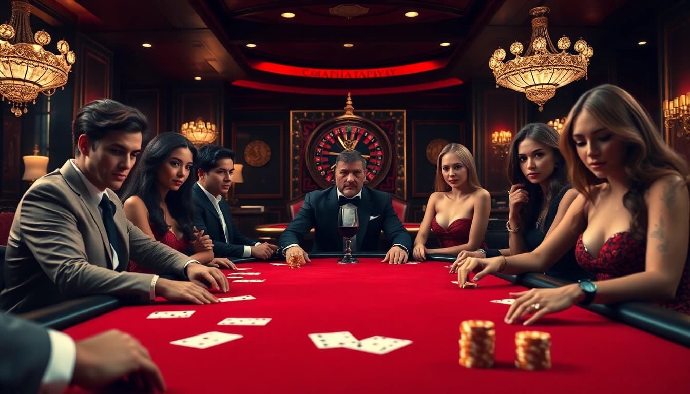 High-stakes excitement at https://kong88.win with poker players at a luxurious casino table.