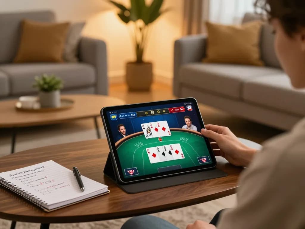 Engage with the Nk88 link while enjoying online poker in a cozy home setup, highlighting strategic gameplay.