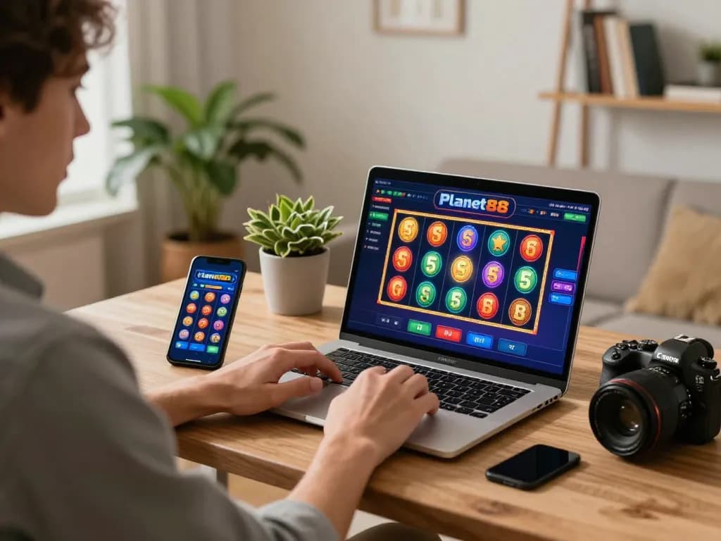 Player enjoying Planet88 slot games on a laptop at home, showcasing engaging online casino experience