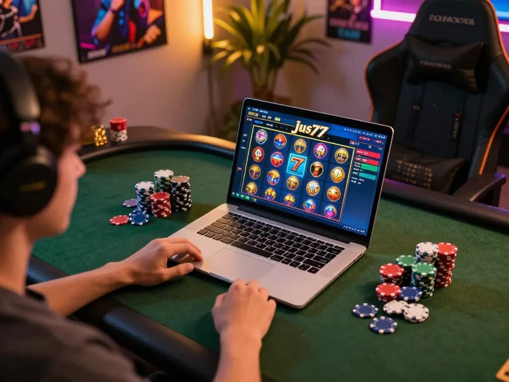 Pemain merayakan kemenangan di slot jus77 selama sesi permainan online yang menarik di rumah.