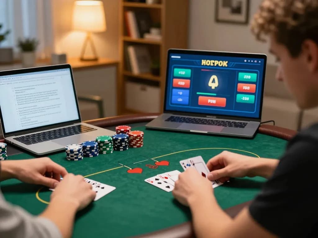 Players engaged in online poker at home with 888new com interface and colorful chips visible.