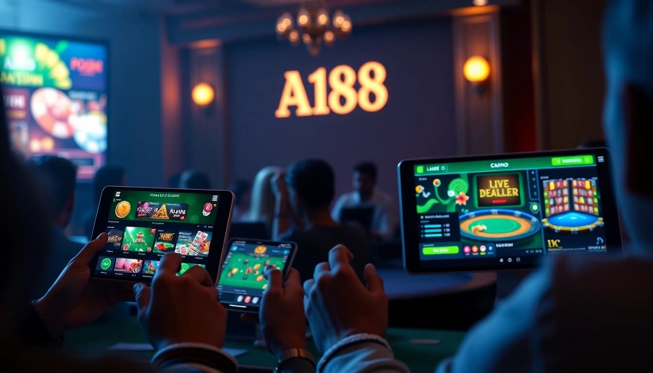 A188 online casino platform interface showcasing players engaged in various games on digital devices with vibrant colors.