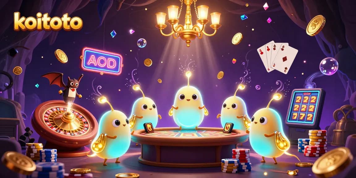 Koitoto showcases thrill and excitement with a vibrant 3D casino scene featuring glowworms and a bat dealer.