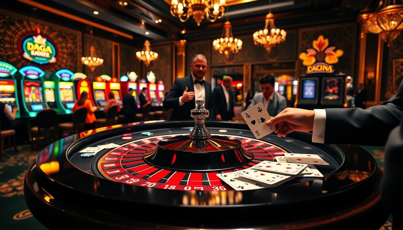 Gambling excitement at a luxurious casino with strategic daga-themed games and vibrant roulette table.