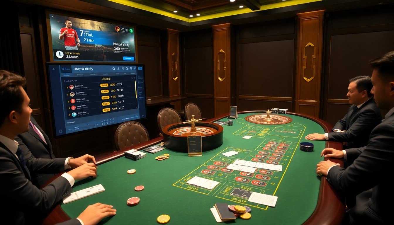 Players engaged in an intense game while using 7m trực tuyến nhanh nhất for live score updates on an elegant casino table.