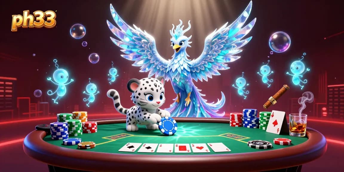Engage in thrilling poker action at ph33 with an ice phoenix and colorful poker chips