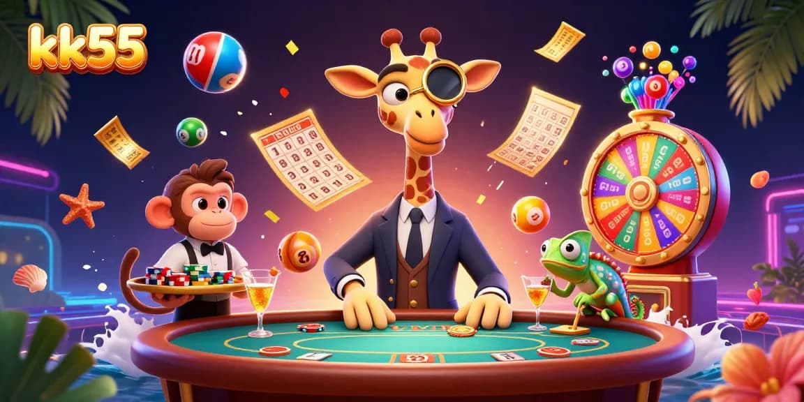 Experience the excitement of kk55 with high-roller giraffes and lively casino elements in a vibrant scene.