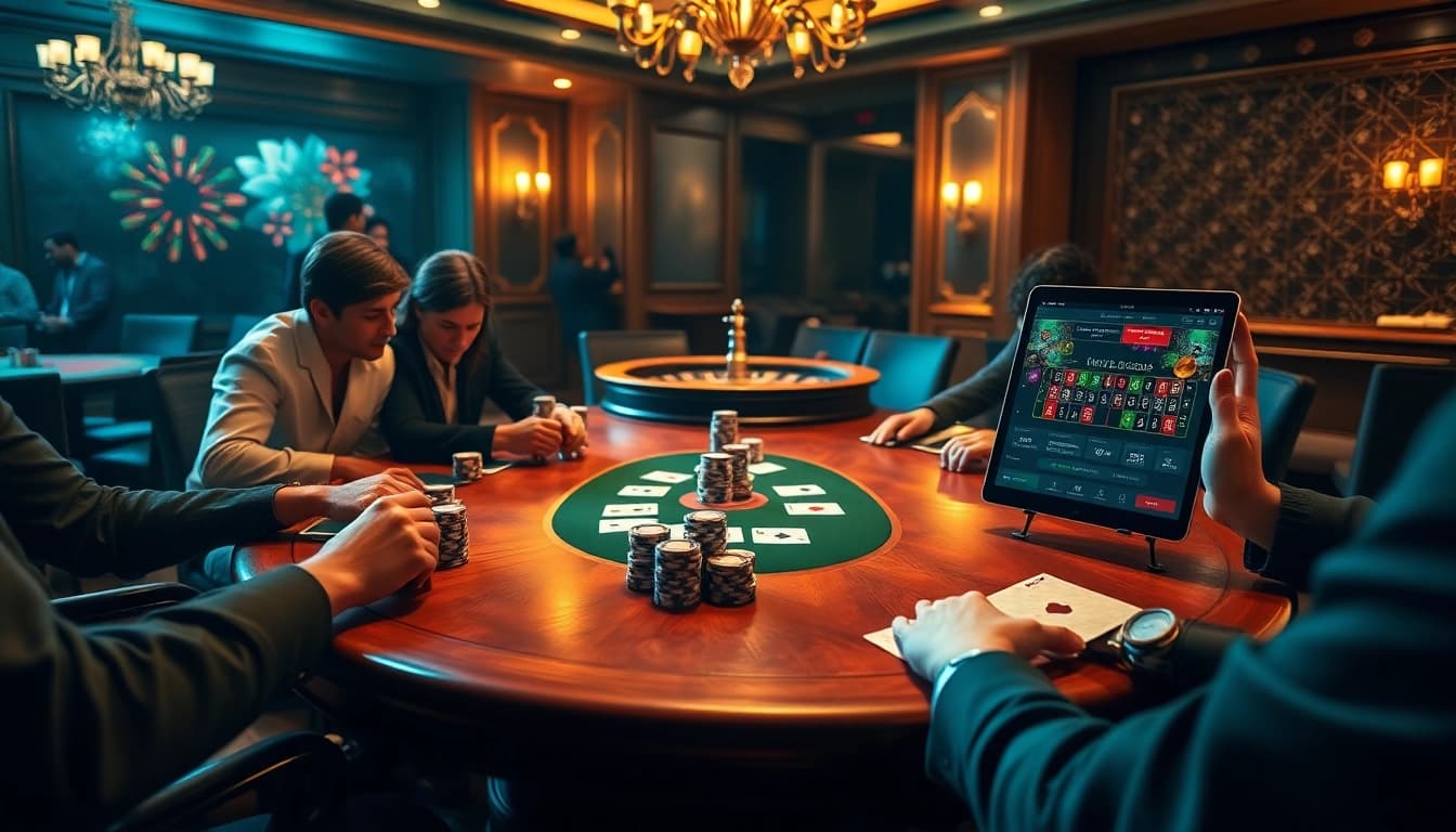 Players enjoying high-stakes poker at a luxurious casino table, representing pokergacor.