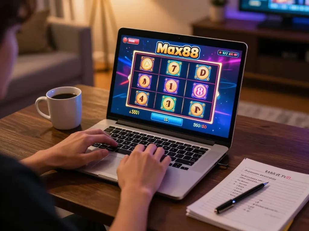 Engaged player exploring Max88 online casino with laptop and strategy notes during a gaming session.